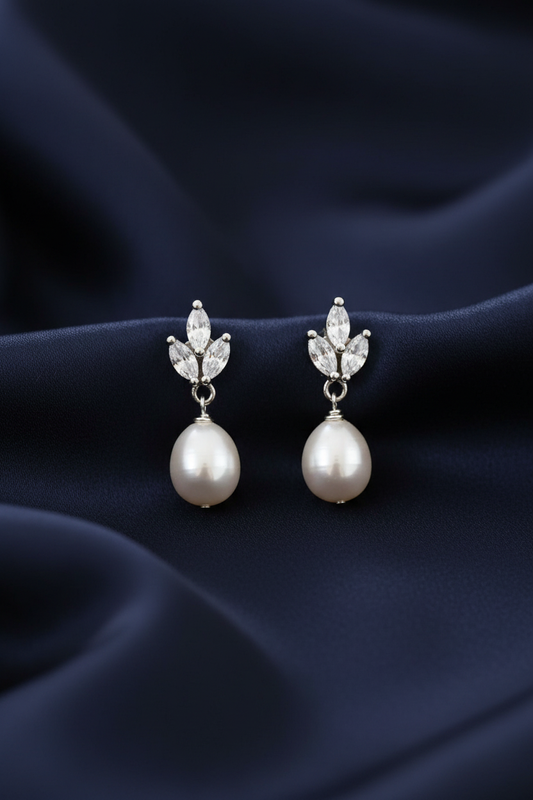 Crystal Leaf Pearl Drop Earrings