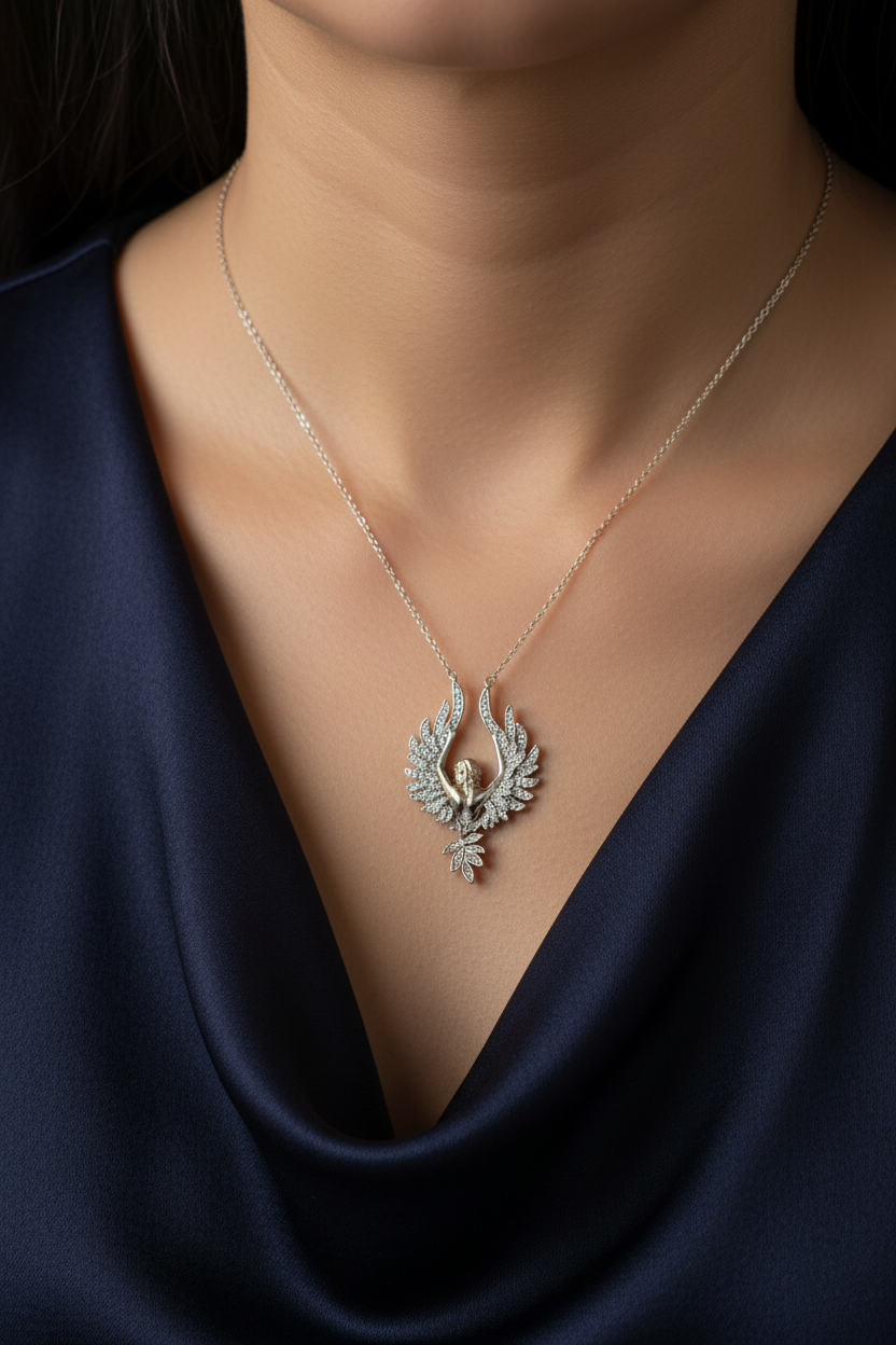 Silver Angel Wings Necklace on Model