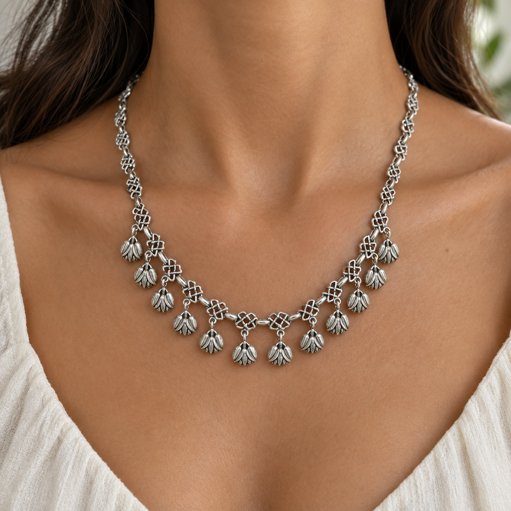 Tulip charm necklace on-model, symmetric chain