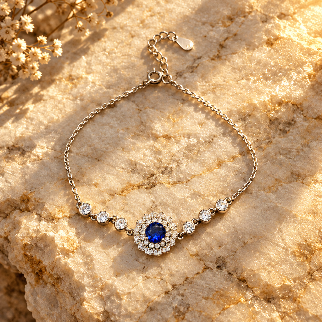 Zircon bracelet on marble, golden-hour