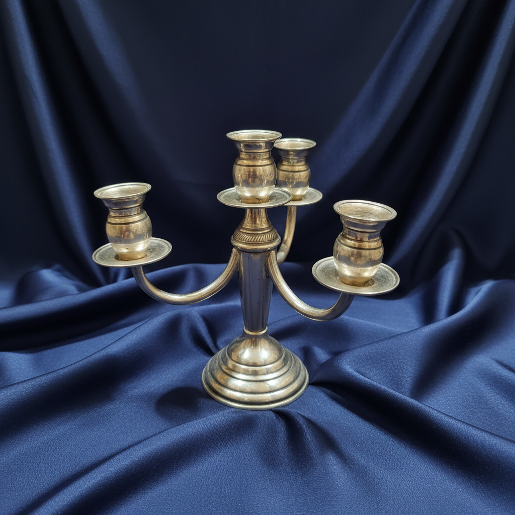 4-Arm Silver Candelabra — Navy Background