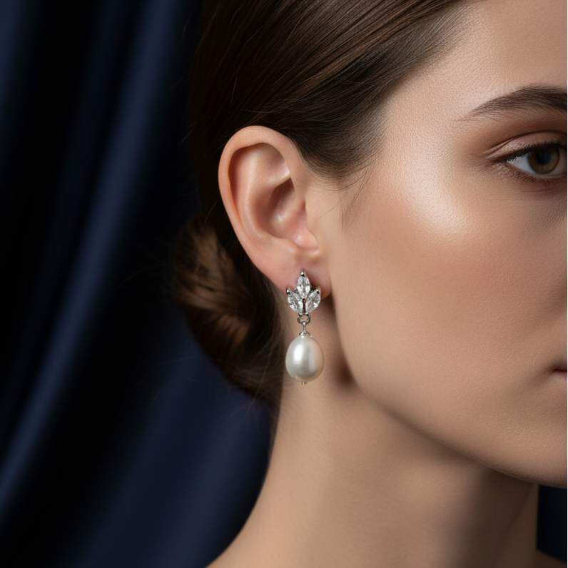 Crystal Leaf Pearl Drop Earrings on Model