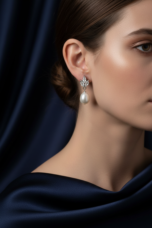 Crystal Leaf Pearl Drop Earrings on Model