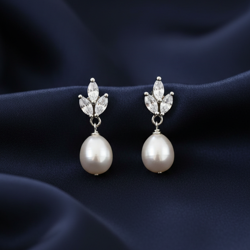 Crystal Leaf Pearl Drop Earrings