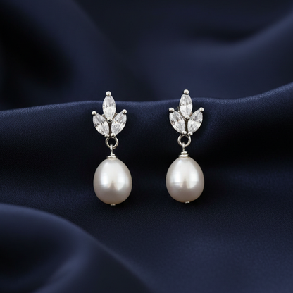Crystal Leaf Pearl Drop Earrings