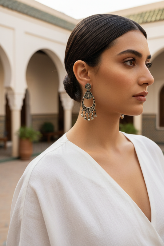 Silver Crescent Chandelier Earrings on model