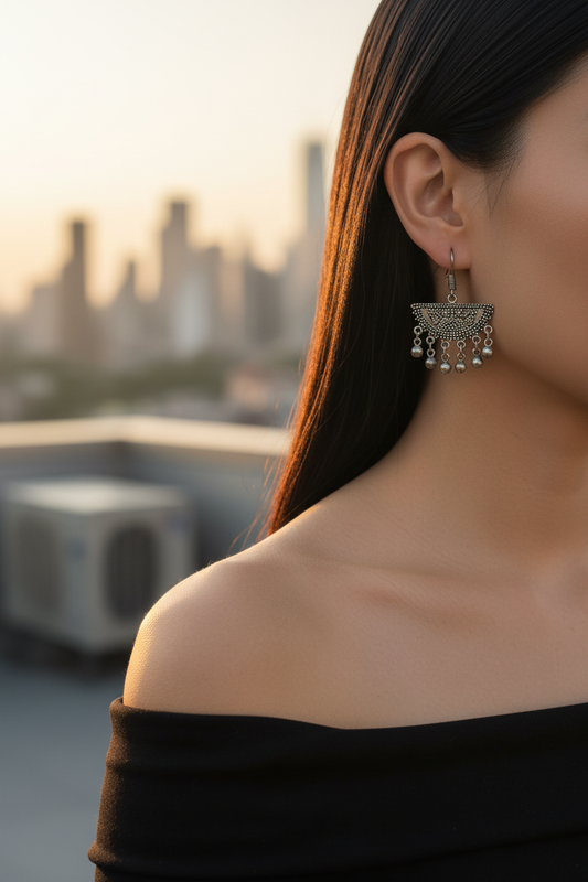 Silver Fan Chandelier Earrings on model