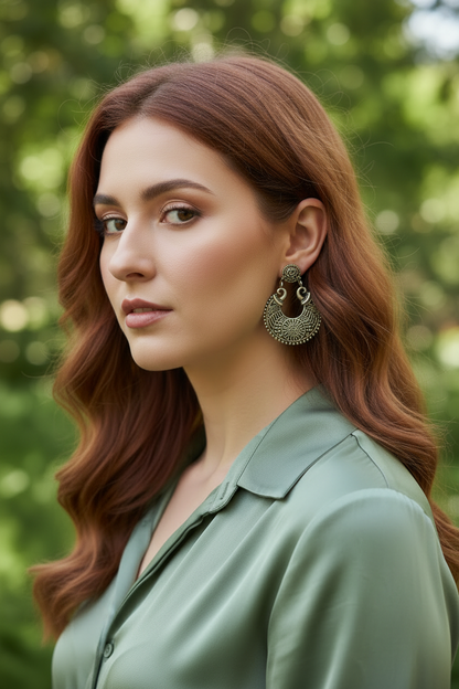 Silver Mandala Disc Earrings on model
