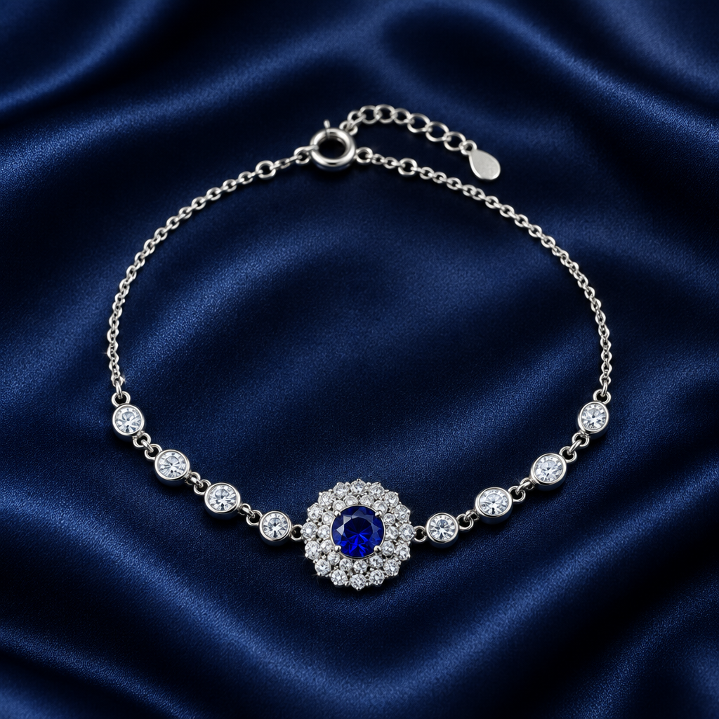 Round Zircon Halo Chain Bracelet, closed loop showing clasp