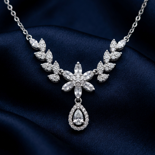 Floral centre and teardrop detail of Moonlit Blossom Necklace