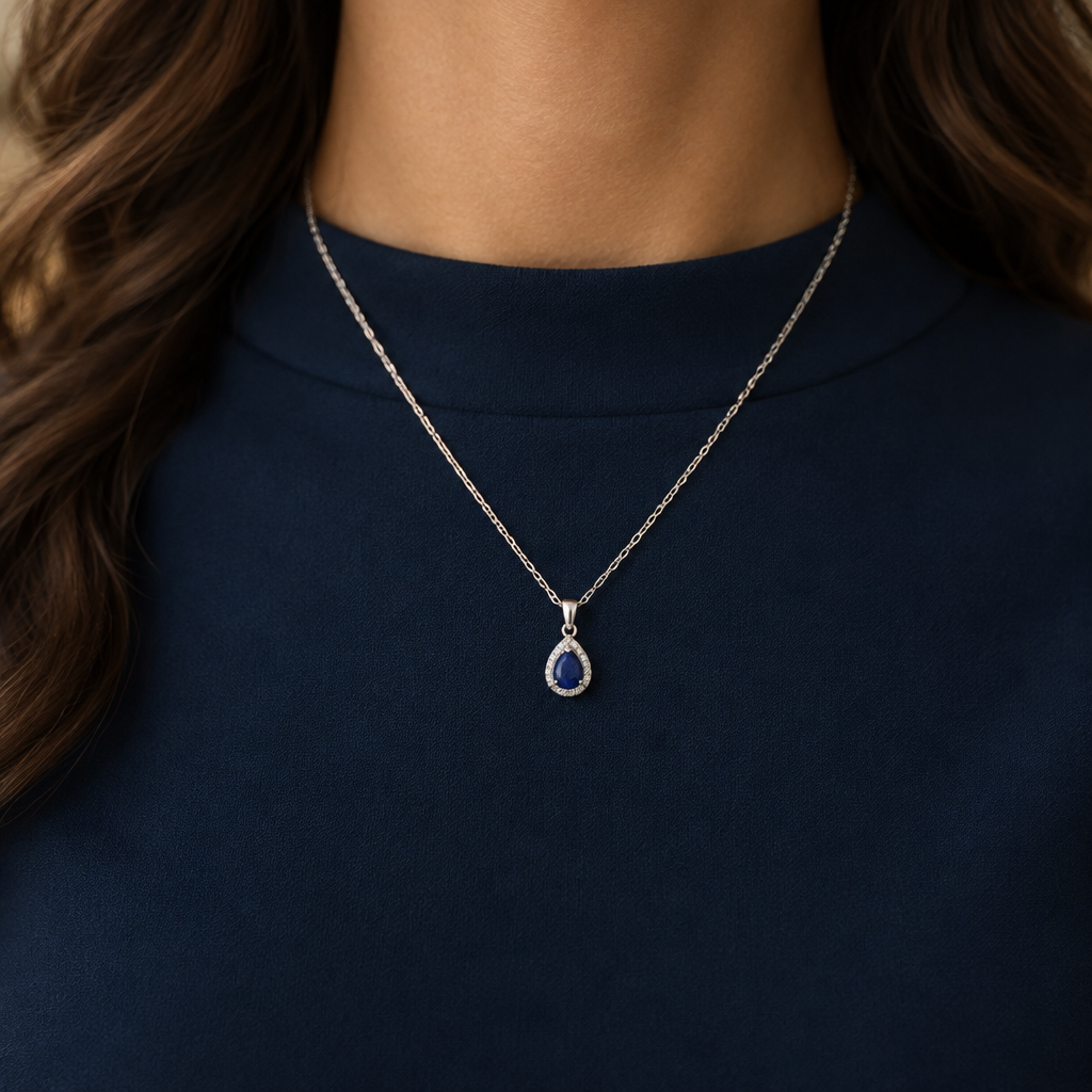 Lapis lazuli pendant necklace on model, smaller pendant