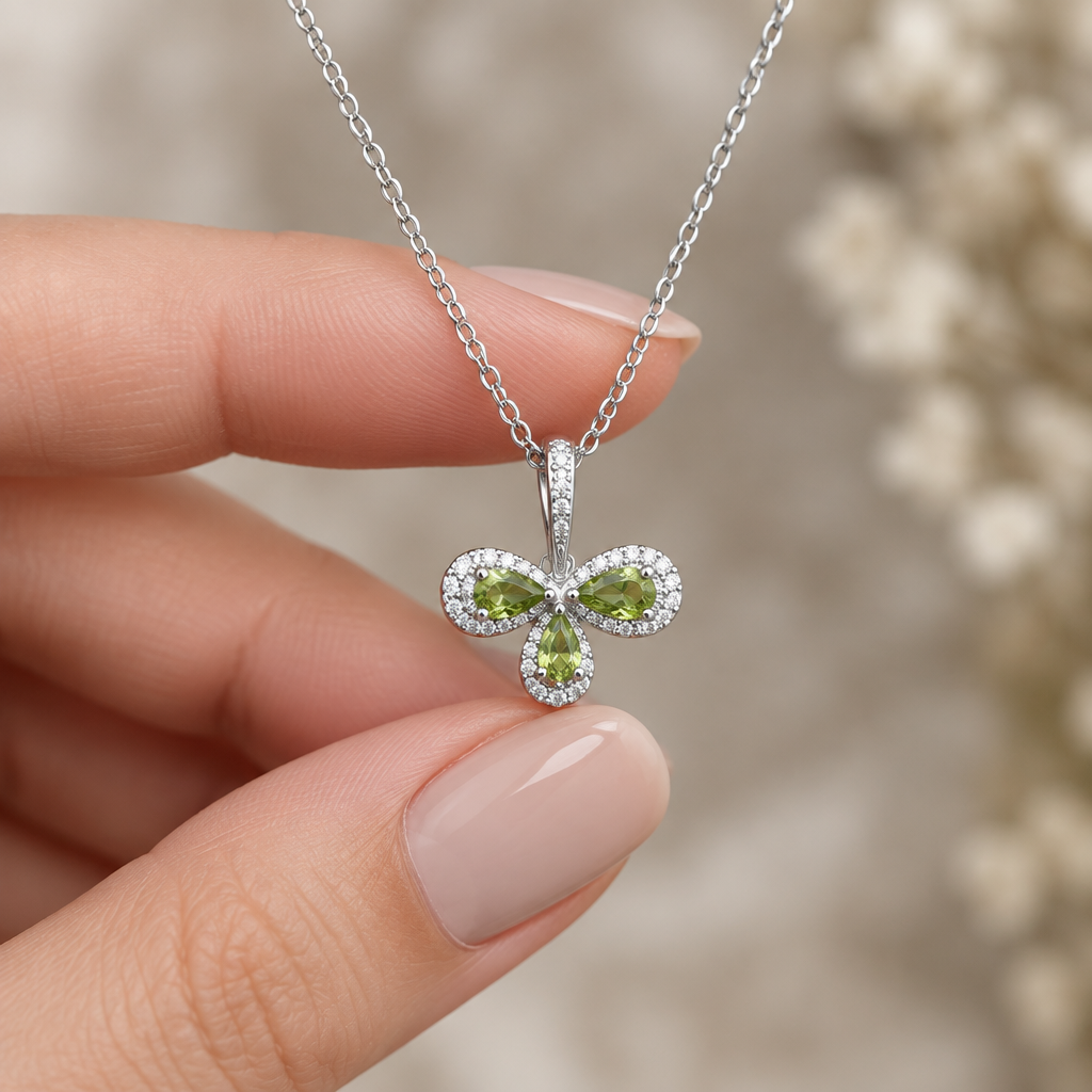 Peridot trefoil necklace held in hand