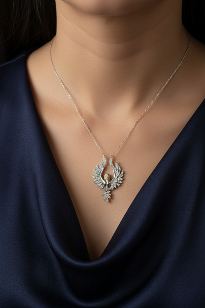 Silver Angel Wings Necklace on Model