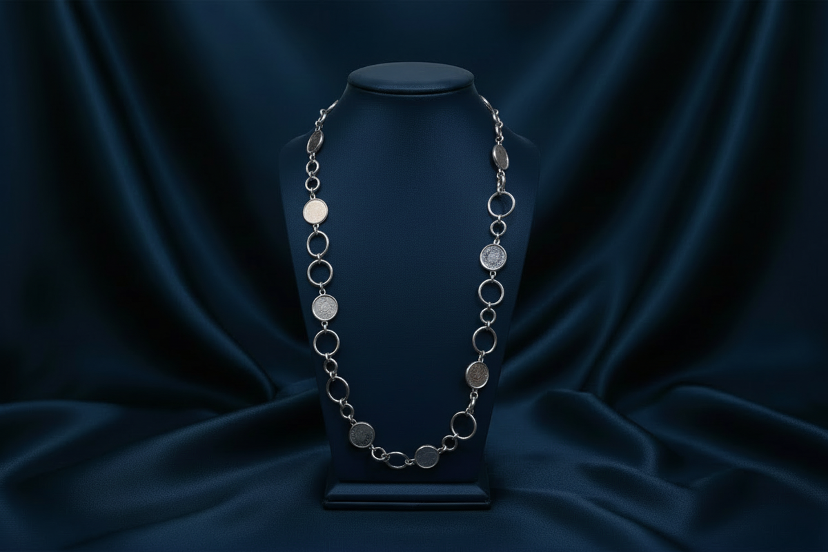 Silver Coin Chain Necklace on Navy Template