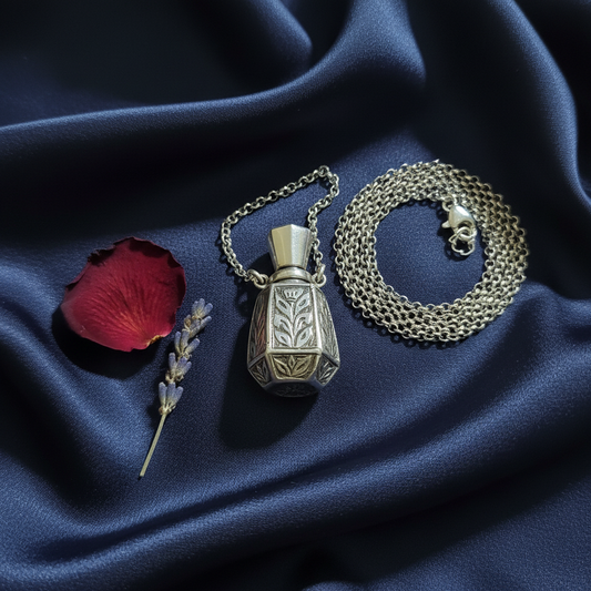 Silver Perfume Bottle Pendant - Flat Lay