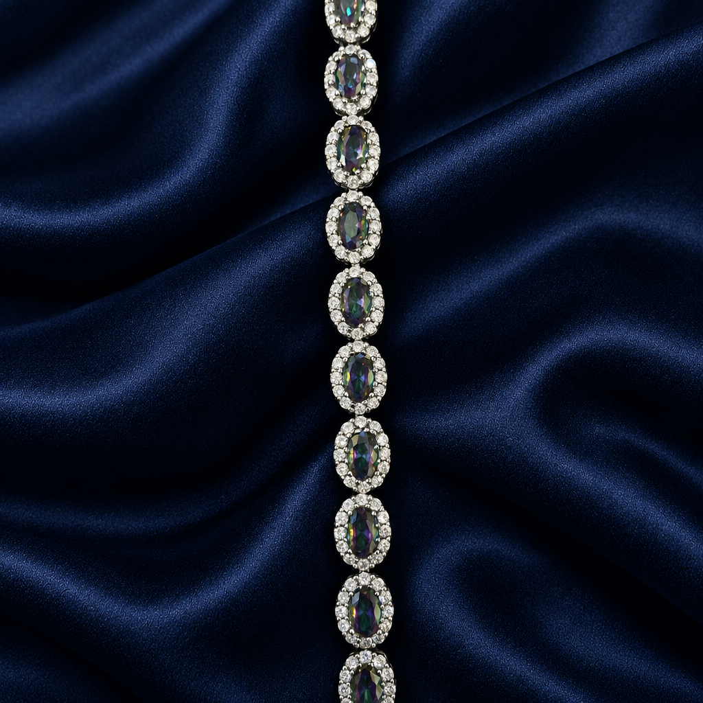 Tennis bracelet, close-up, gray mystic stones