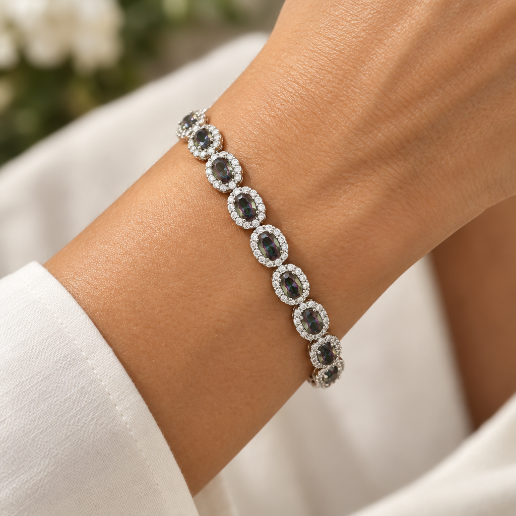 Tennis bracelet on model's wrist