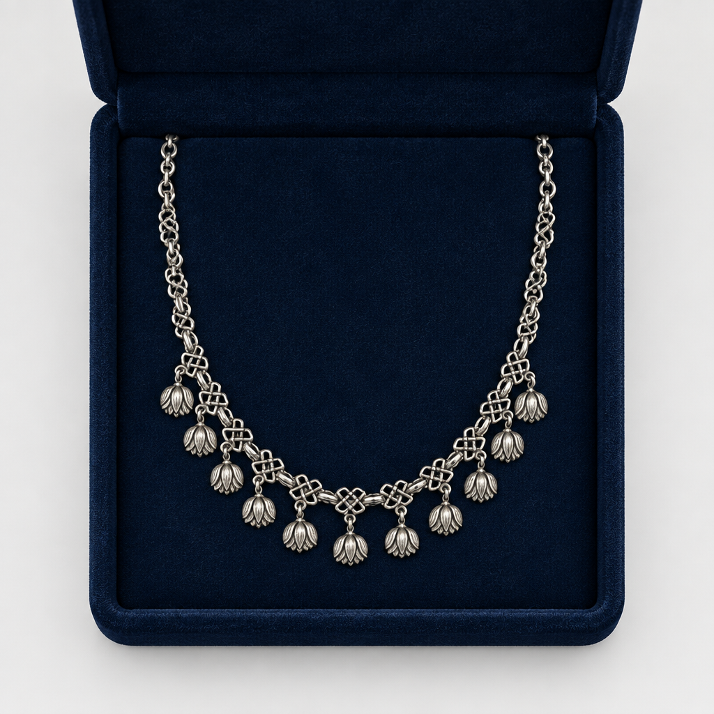 Tulip charm necklace in navy velvet box, simplified