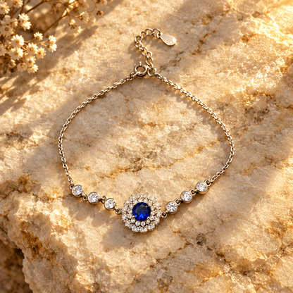Zircon bracelet on marble, golden-hour
