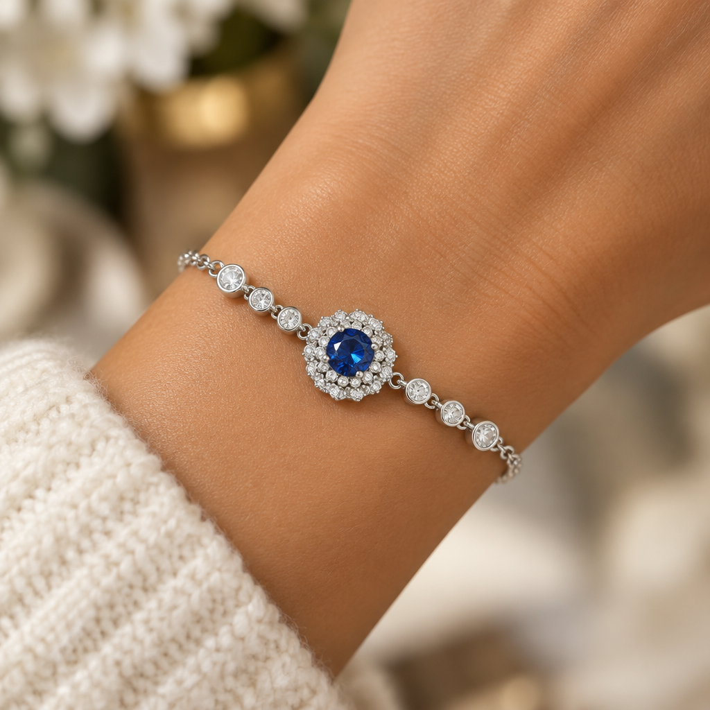 Zircon bracelet on model's wrist